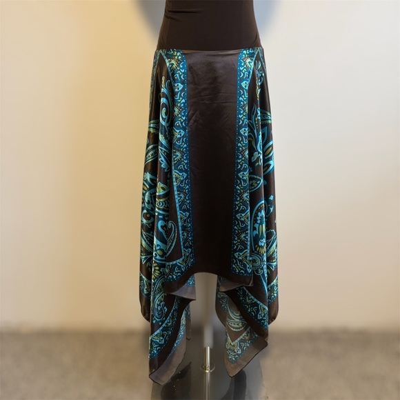 STUDIO Y Vintage Y2K Brown Blue Paisley V Neck Handkerchief Hem Halter Dress - Picture 7 of 11